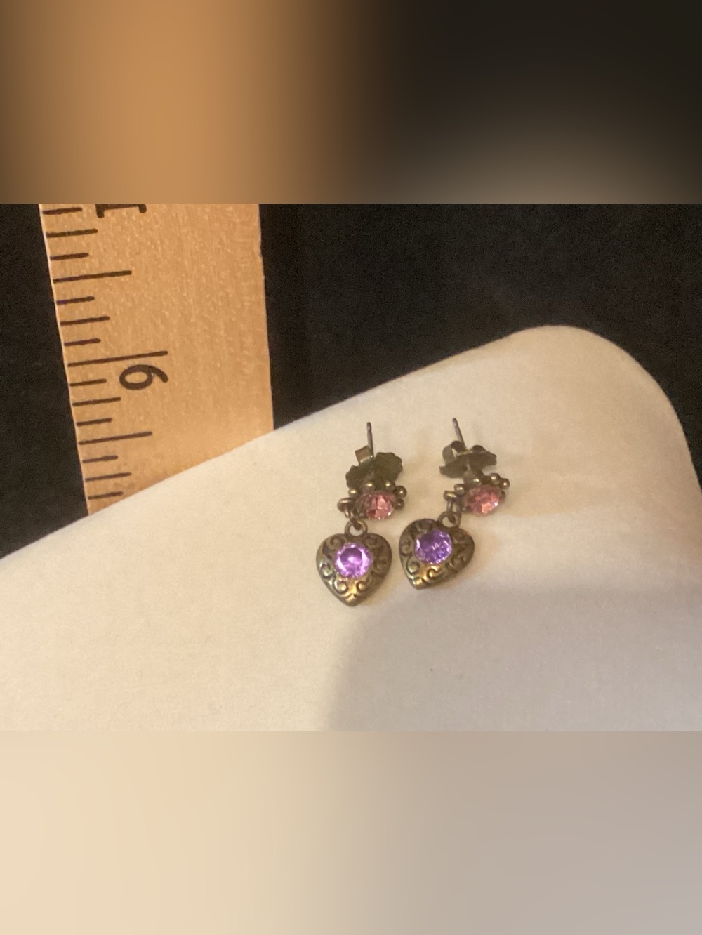 Avon Antiqued Gold-Tone Heart Drop Earrings with Purple and Pink Stones - Picture 2 of 2